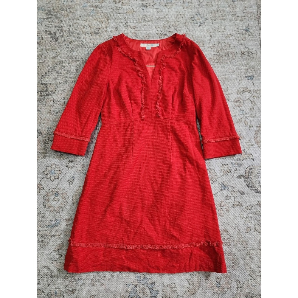 Boden Tweed Dress Orange V-Neck A-Line Frayed Trim 3/4 Sleeve Preppy Textured 2P